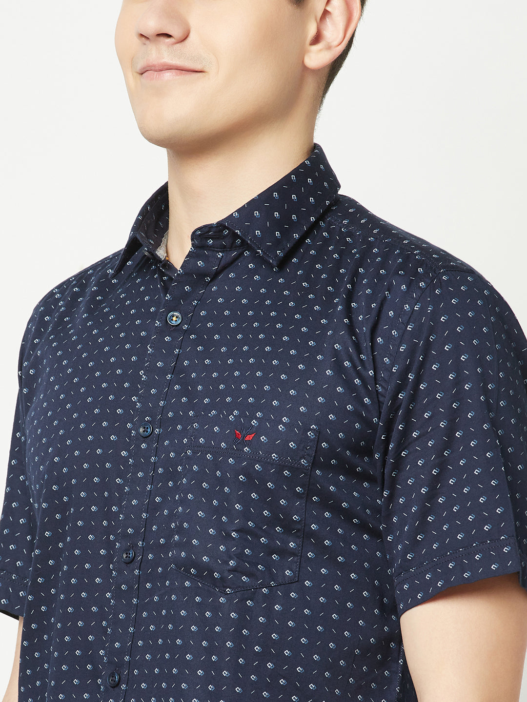  Short-Sleeved Navy Blue Geometric Shirt