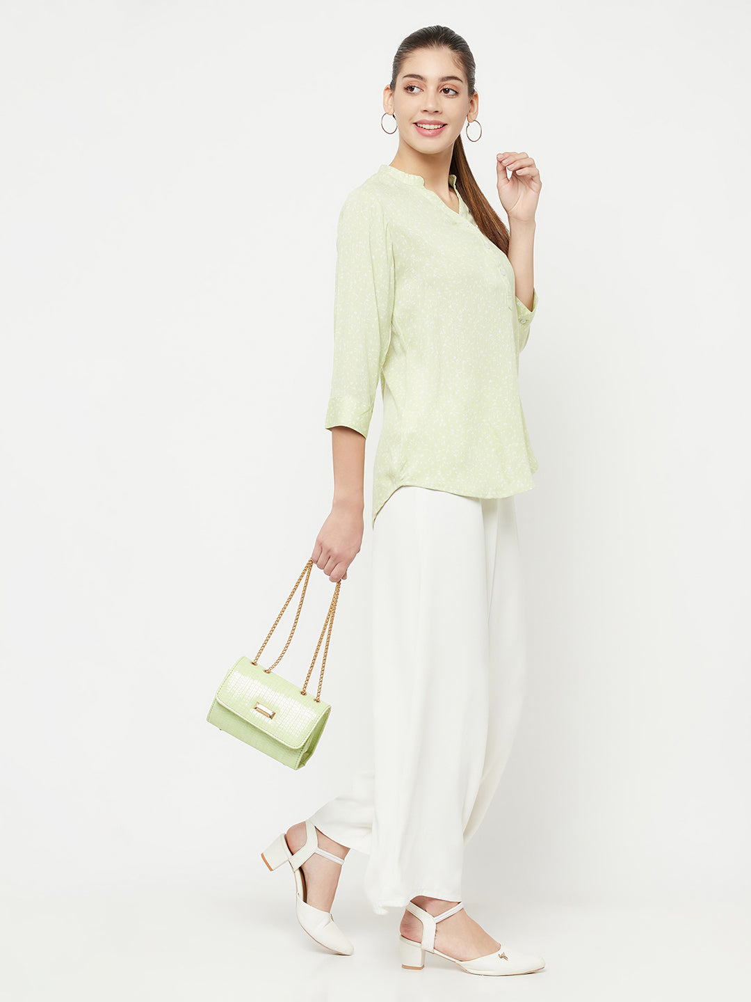 Green Printed V-Neck Top - Women Tops