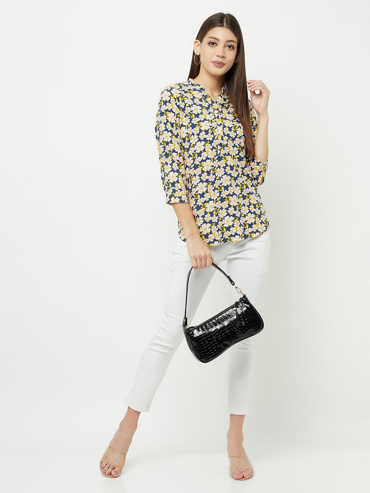 Multi-Color Floral Printed Mandarin Collar Top - Women Tops