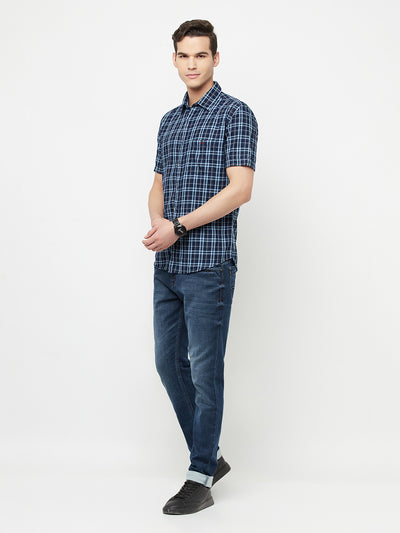 Navy Blue Checked Shirt - Men Shirts