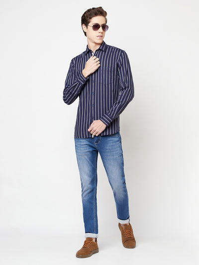 Navy Blue Striped Shirt - Men Shirts