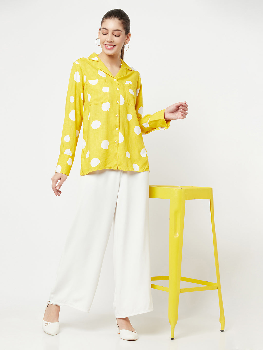 Yellow Polka Dot Printed Cuban Collar Shirt - Women Shirts