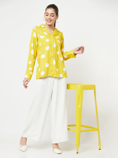 Yellow Polka Dot Printed Cuban Collar Shirt - Women Shirts