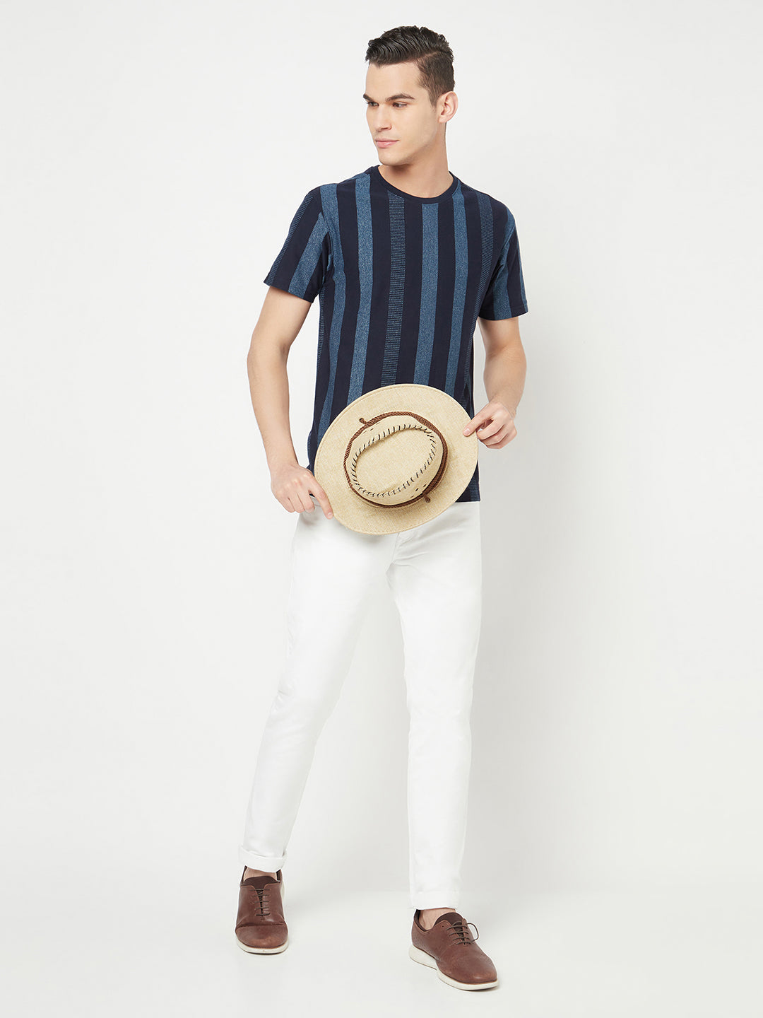 Navy Blue Striped Round Neck T-Shirt - Men T-Shirts