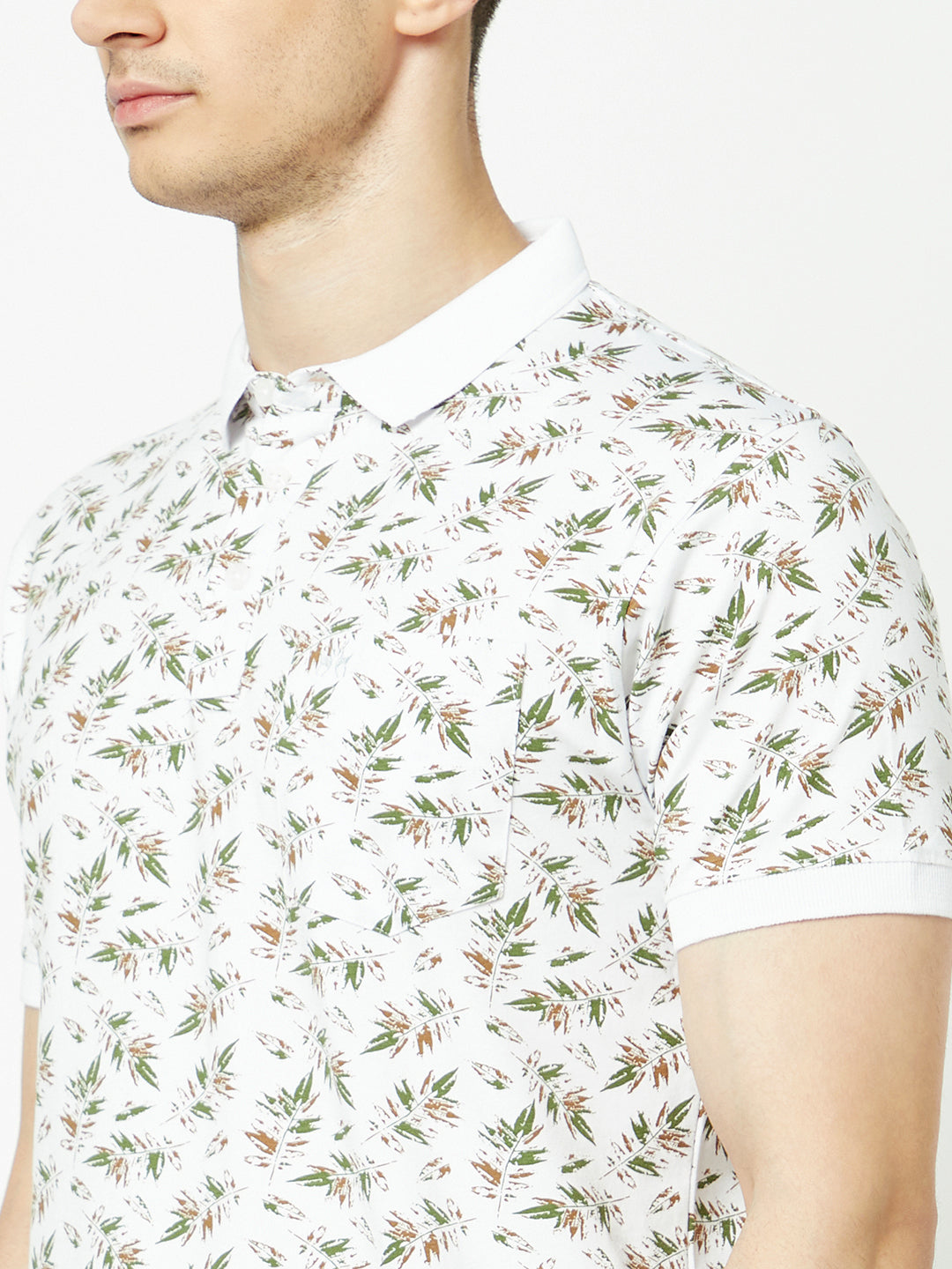  White Leaf-Print Polo T-Shirt