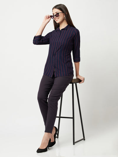 Navy Blue Striped Shirt-Women Shirts-Crimsoune Club