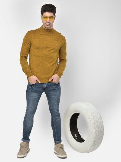 Mustard Solid Mock Neck Sweater-Men Sweaters-Crimsoune Club