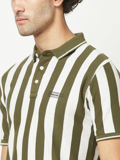  Olive Green Striped Polo T-Shirt