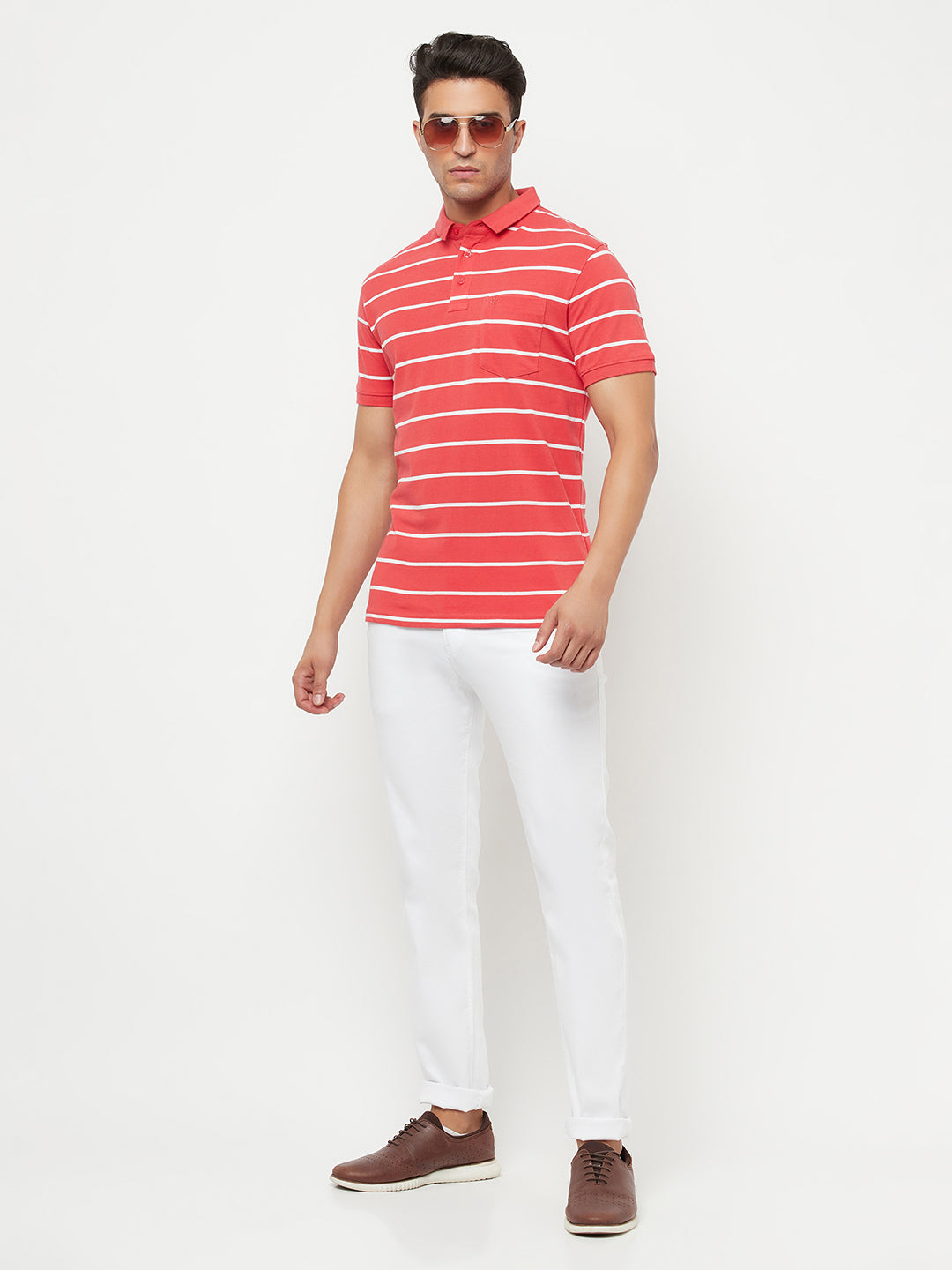 Coral Red Striped Polo T-Shirt - Men T-Shirts