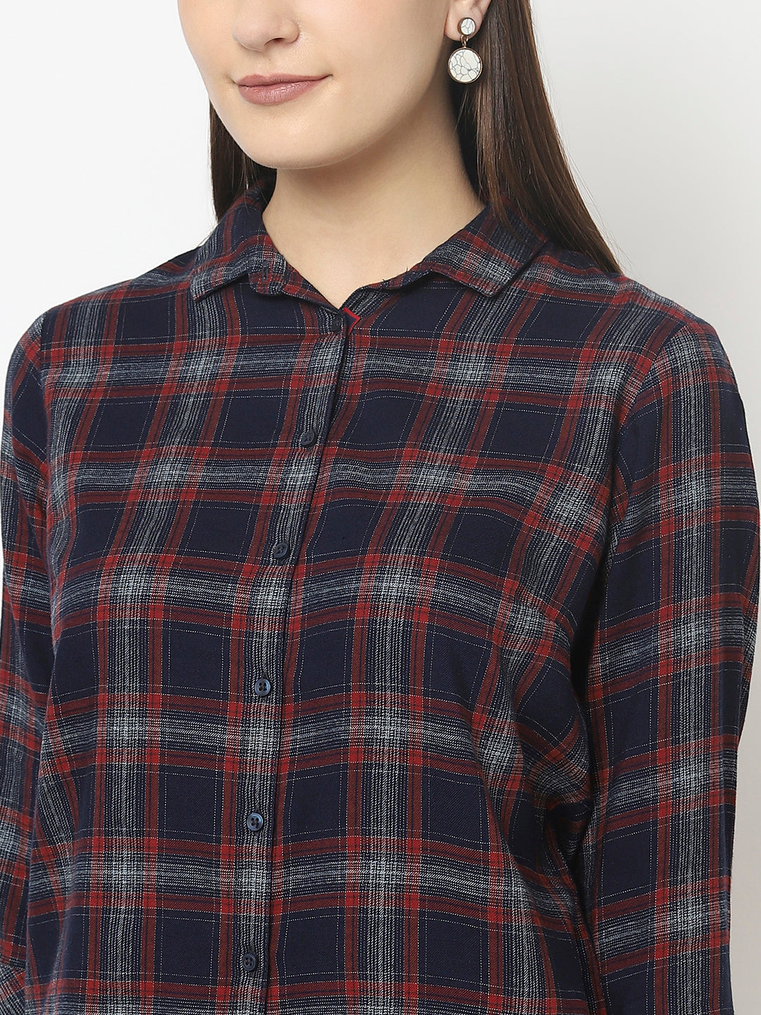 Navy Blue Checked Shirt with Asymmetrical Hemline