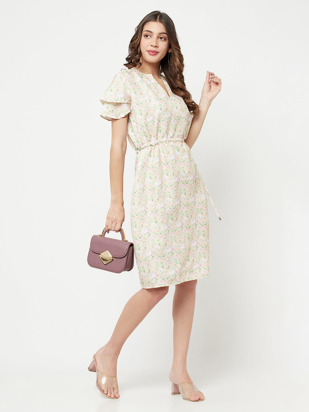 Beige Floral Printed V-Neck Dress - Women Dresses