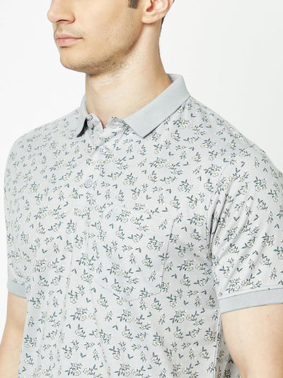  Grey Floral Polo T-Shirt