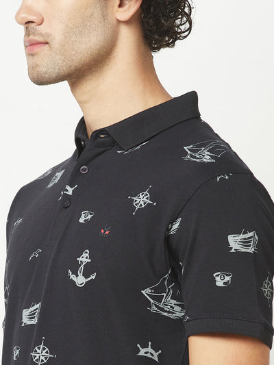  Navy Blue Graphic Polo T-Shirt