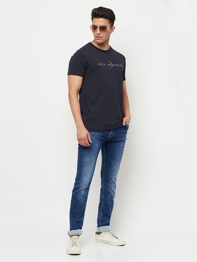 Navy Blue Printed Round Neck T-Shirt - Men T-Shirts