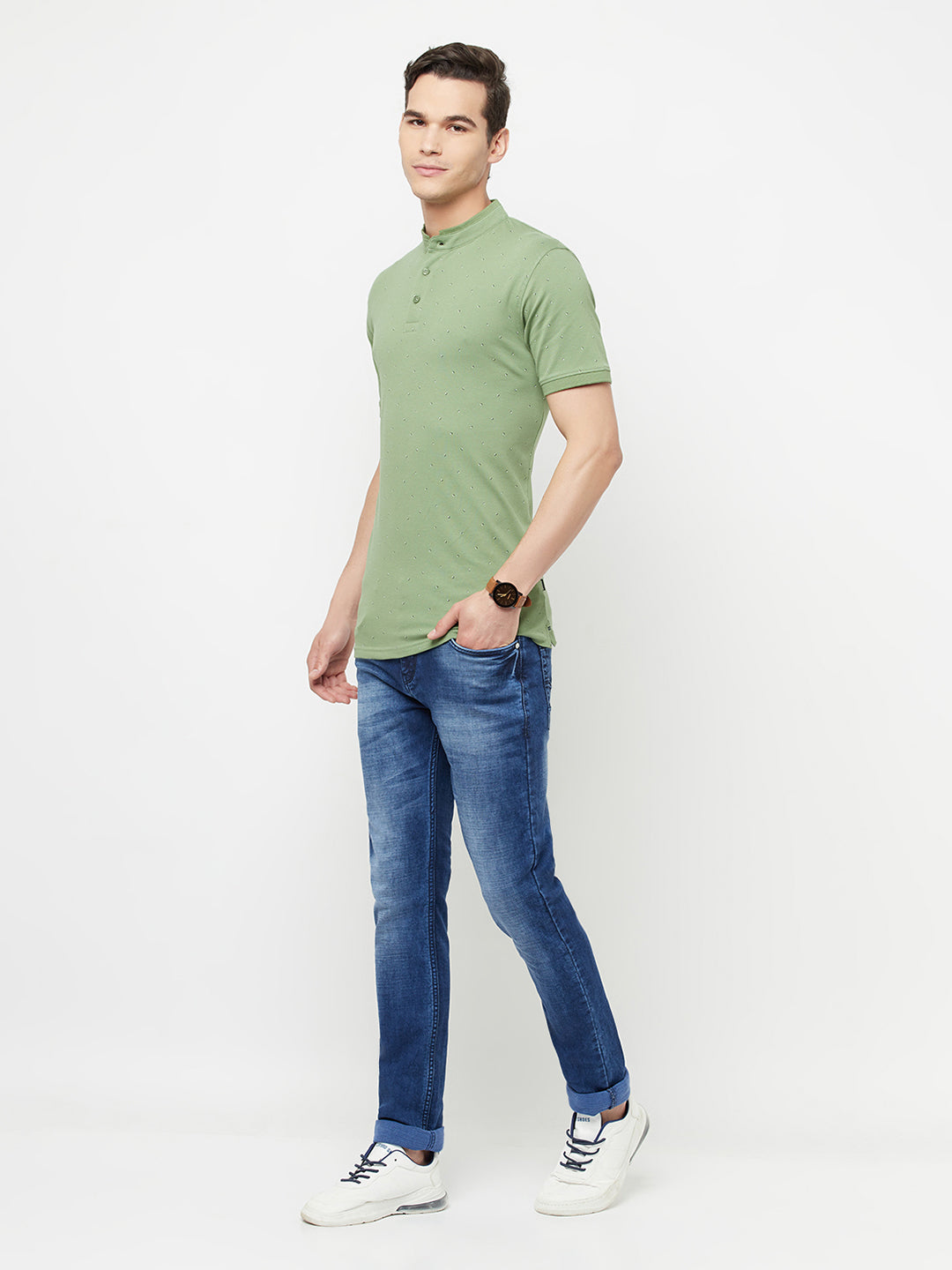 Olive Printed Mandarin Collar T-Shirt - Men T-Shirts