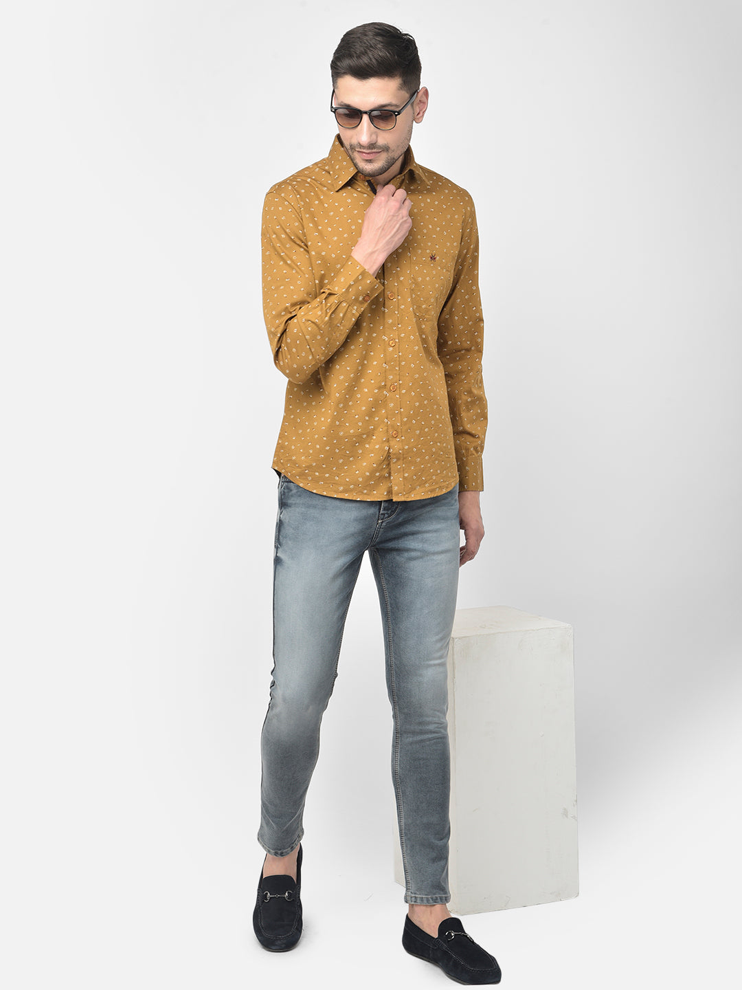 Mustard Printed Spread Collar Shirt - Men Shirts