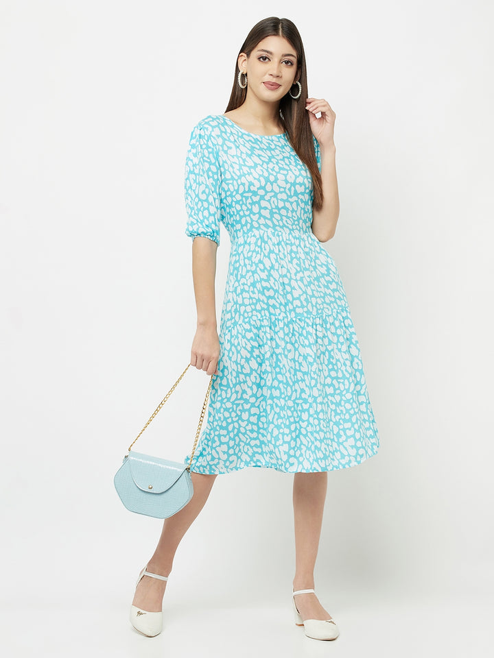 Blue Printed Round Neck Dress - Women Dresses