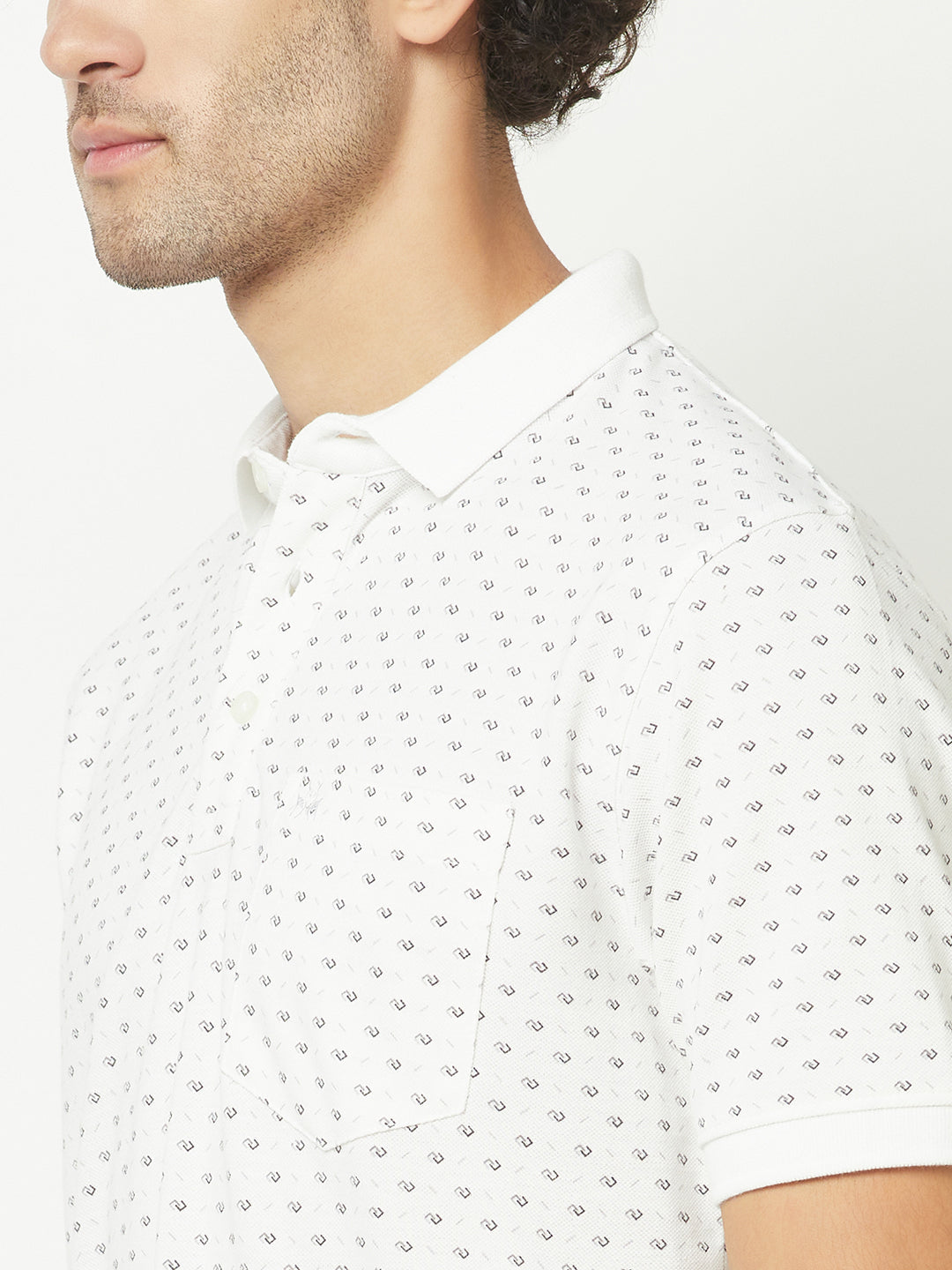  Geometric Print White Polo T-Shirt