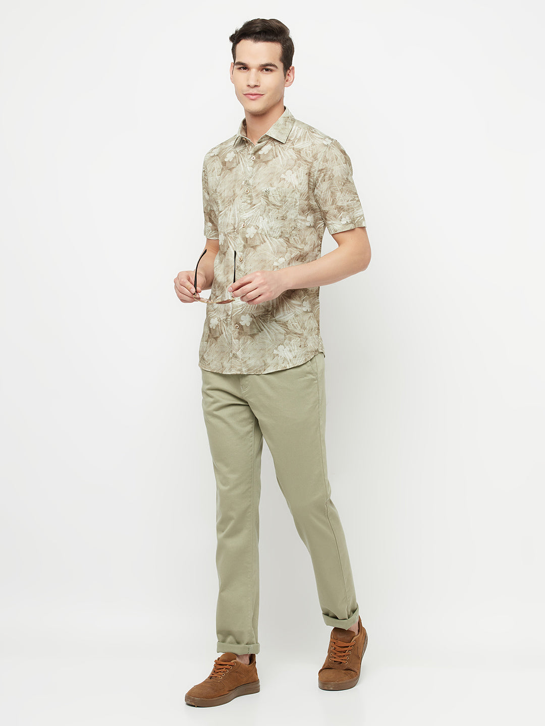 Olive Floral Printed Linen Shirt - Men Shirts