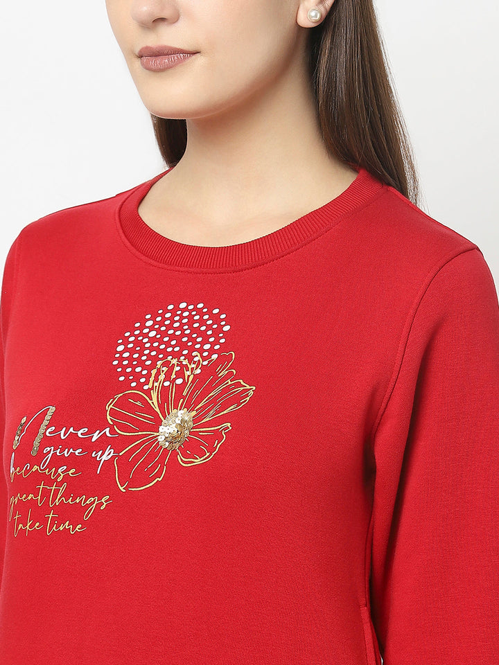 Red Pull-Over Style Sweatshirt with Graphic Print 