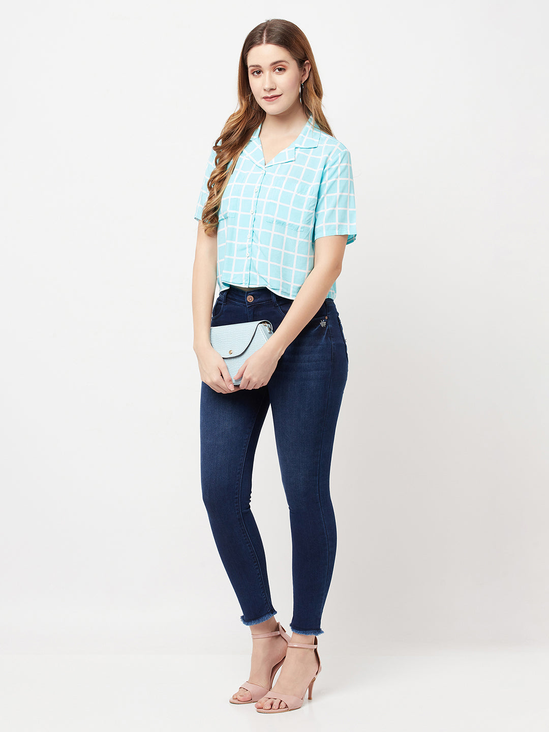 Mint-Green Graph Checked Cropped Top - Women Tops