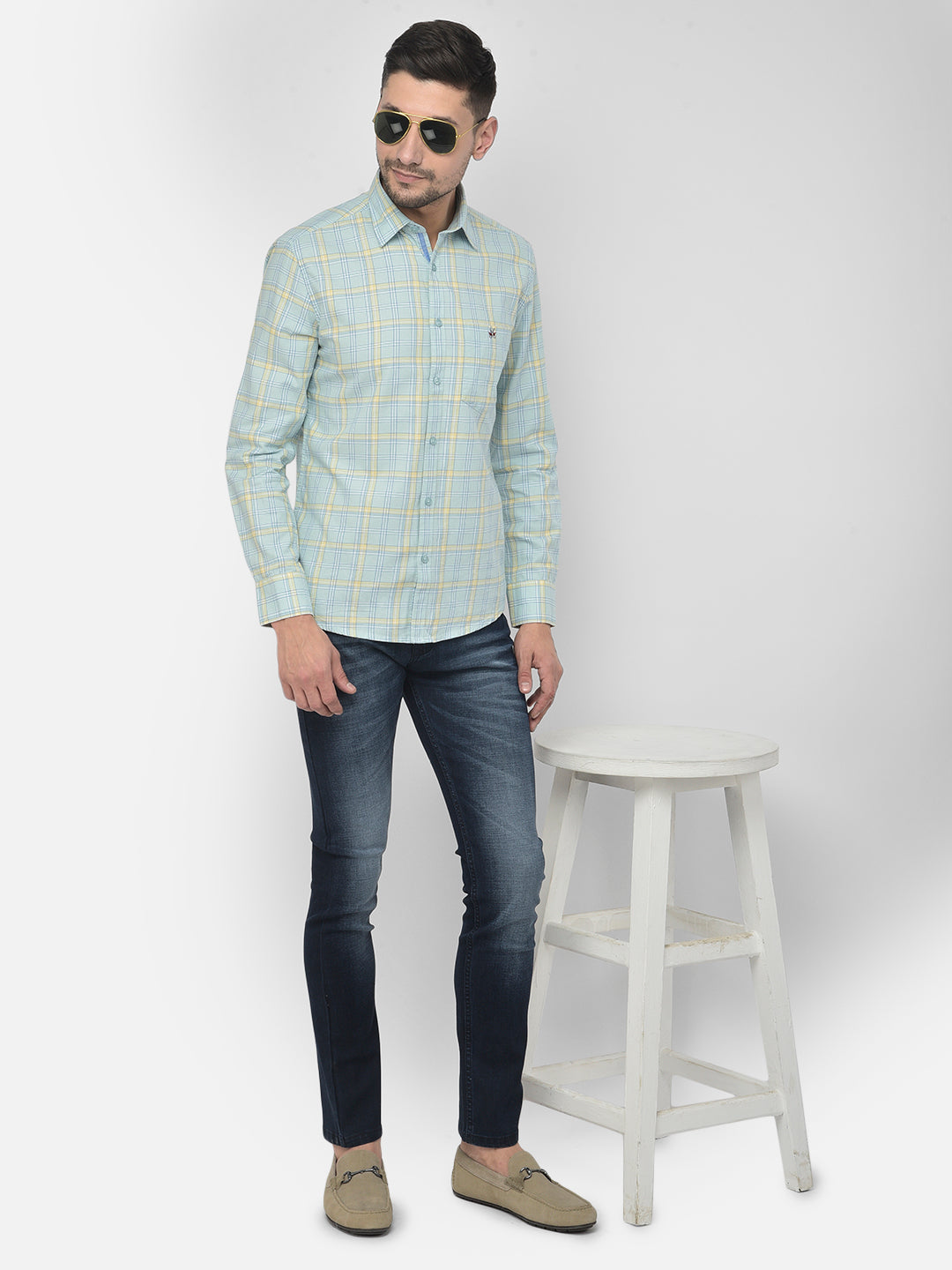 Blue Checked Spread Collar Shirt - Men Shirts