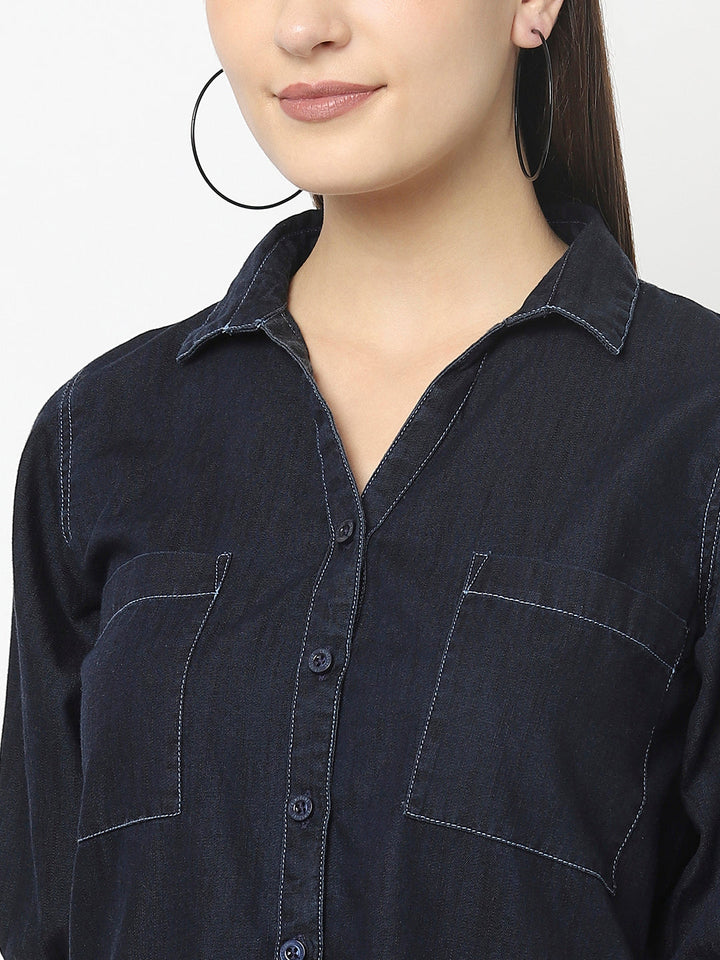 Navy Blue Denim Crop Top with Patch Pocket Detail