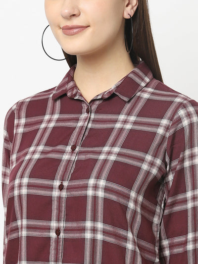 Longline Maroon Checked Shirt in Cotton