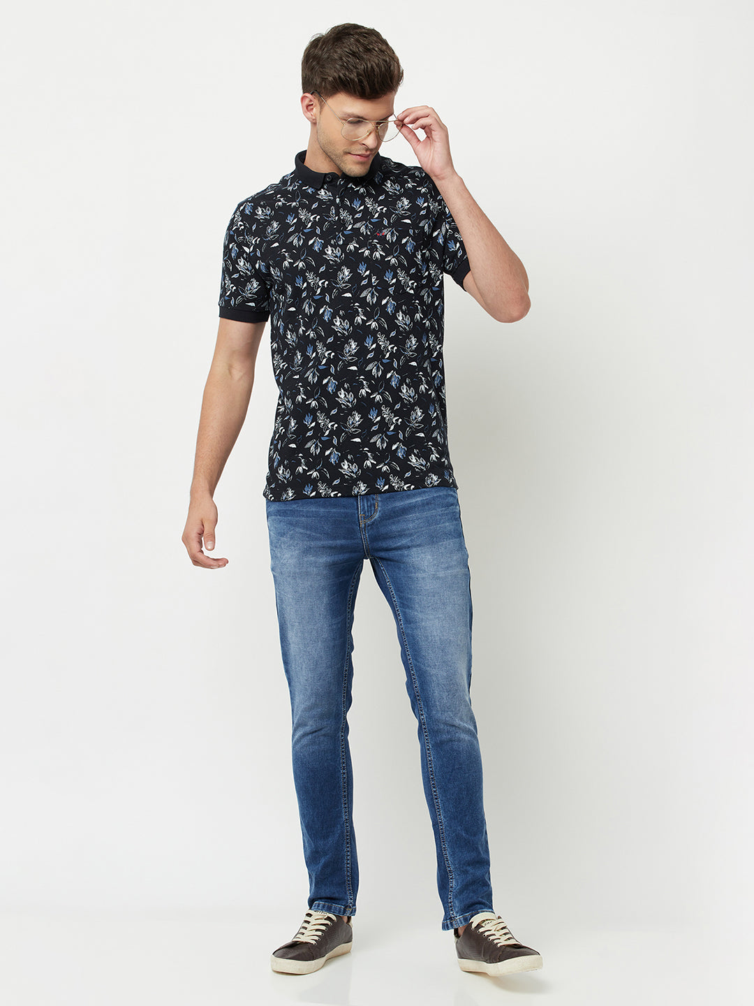 Navy Blue Floral Printed Polo T-Shirt-Men T-Shirts-Crimsoune Club