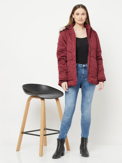 Maroon Detachable Hood Jacket - Women Jackets