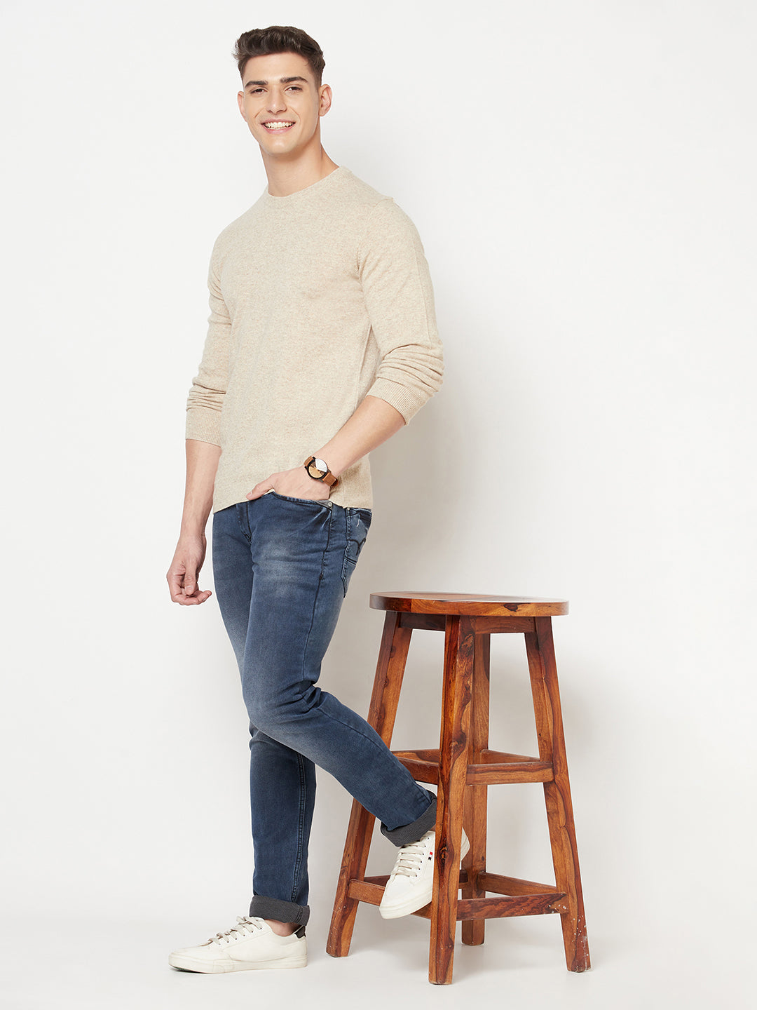 Beige Round Neck Sweater - Men Sweaters