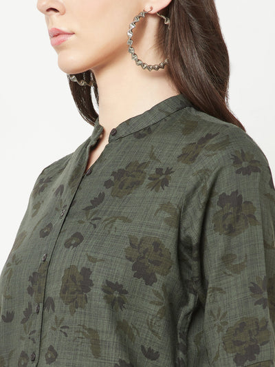  Olive Floral Mandarin Neck Shirt