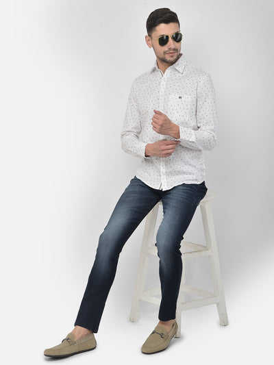 White Printed Spread Collar Shirt - Men Shirts