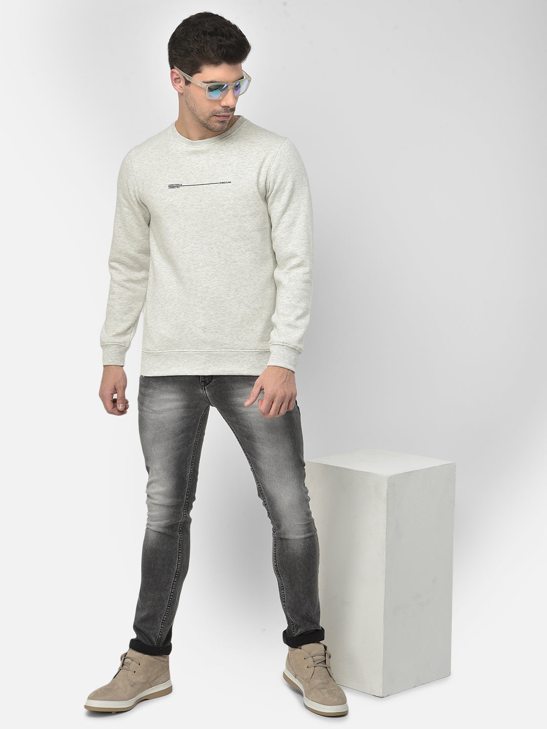 Grey Printed Round Neck Sweatshirt - Men Sweatshirts