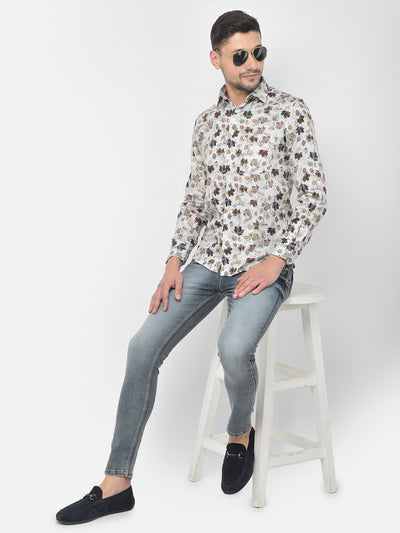 White Printed Floral Shirt - Men Shirts