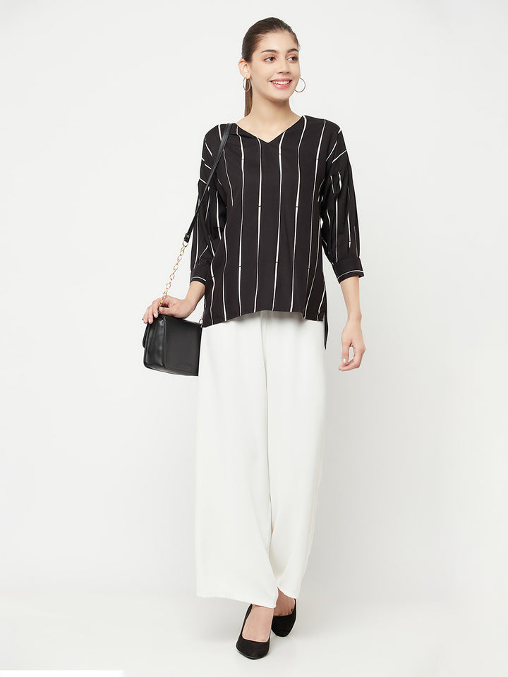 Black Striped V-Neck Top - Women Tops