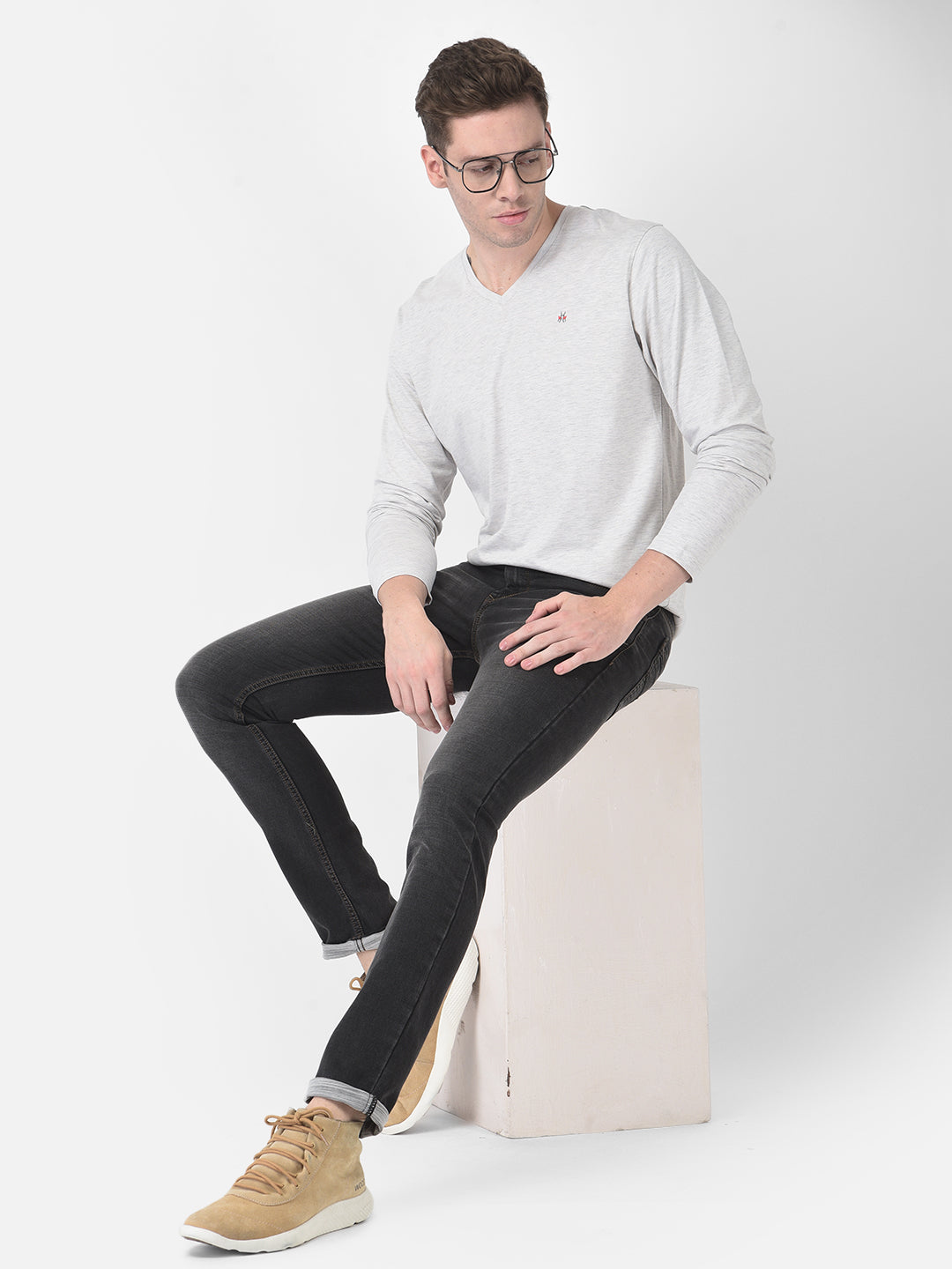 Long-Sleeved Grey Melange T-Shirt-Men T-Shirts-Crimsoune Club