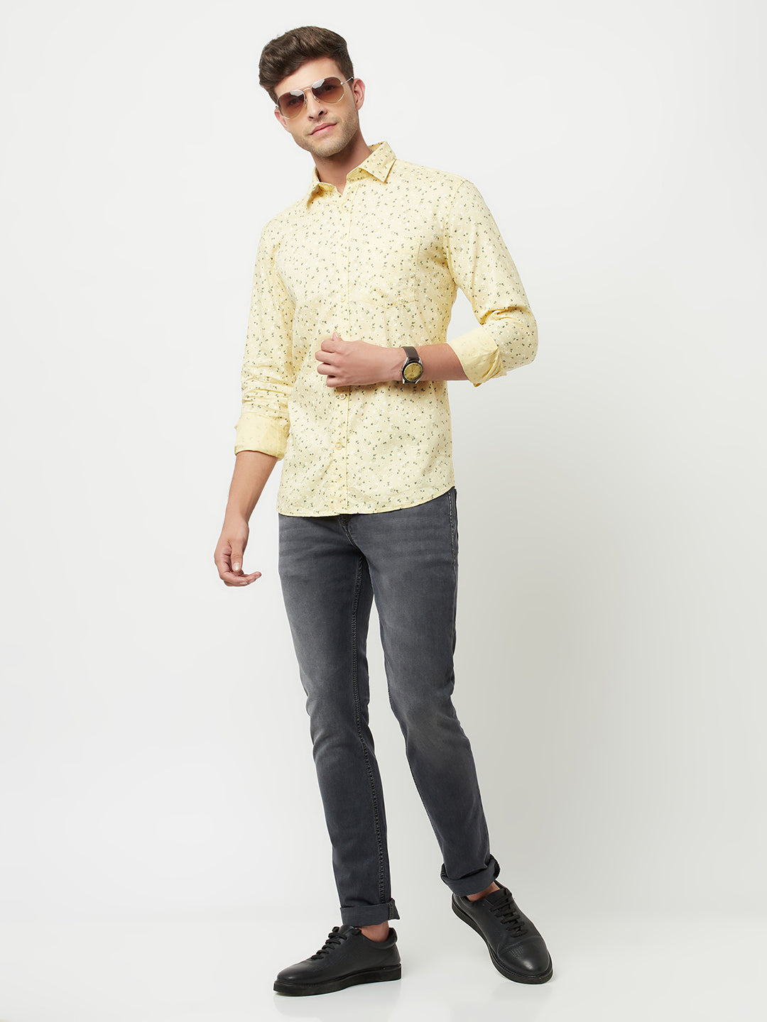 Yellow Floral Print Shirt-Men Shirts-Crimsoune Club