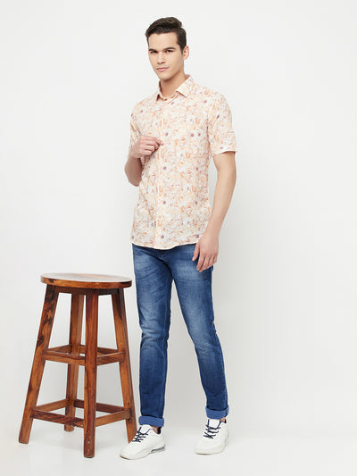 Orange Floral Printed Linen Shirt - Men Shirts