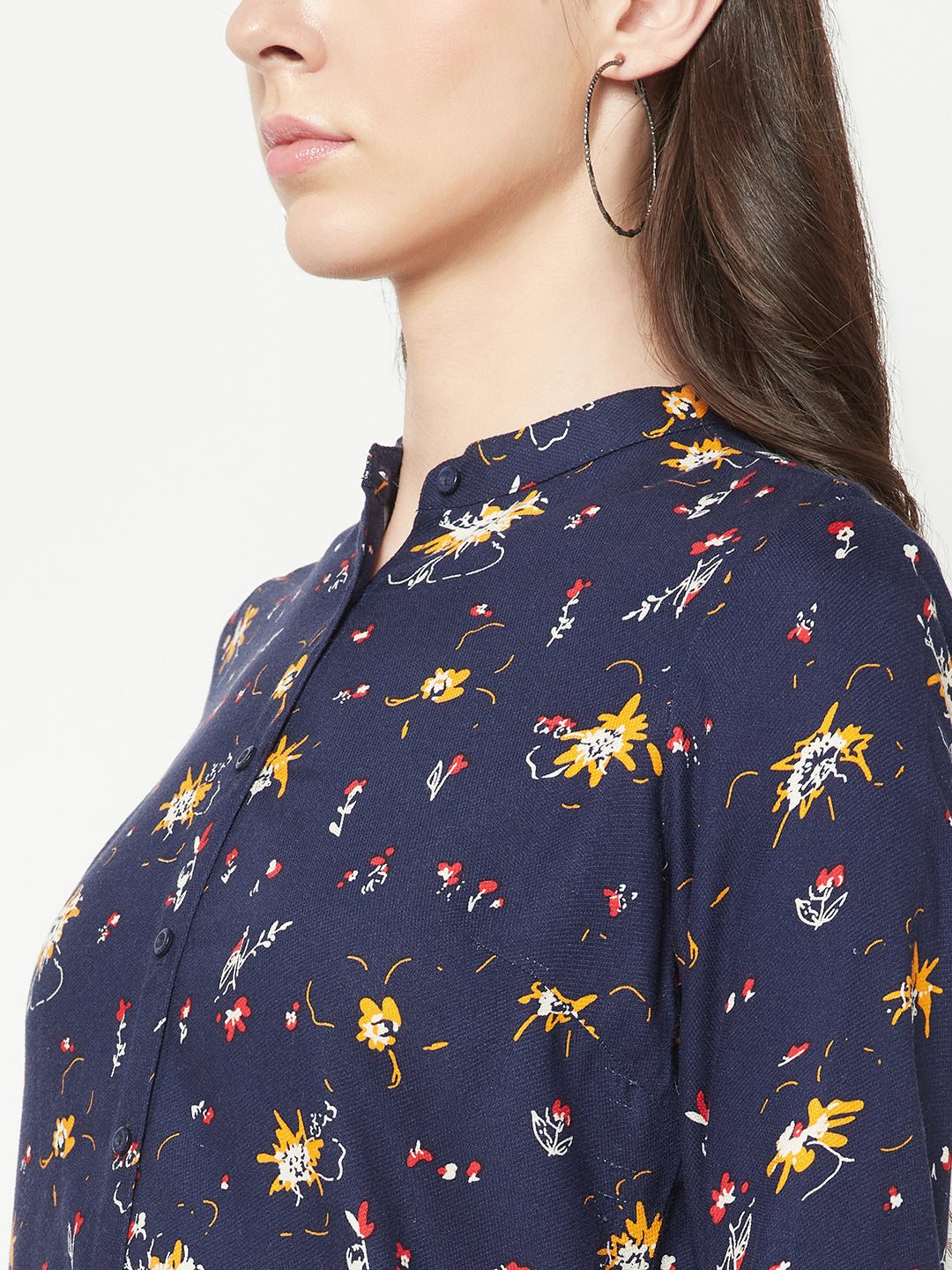  Navy Blue Floral Mandarin Shirt