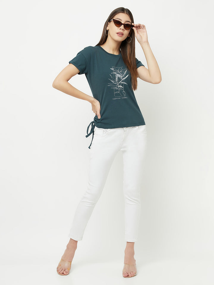 Green Printed Round Neck T-Shirt With Knot - Women T-Shirts