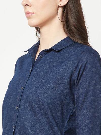  Navy Blue Floral Denim Shirt