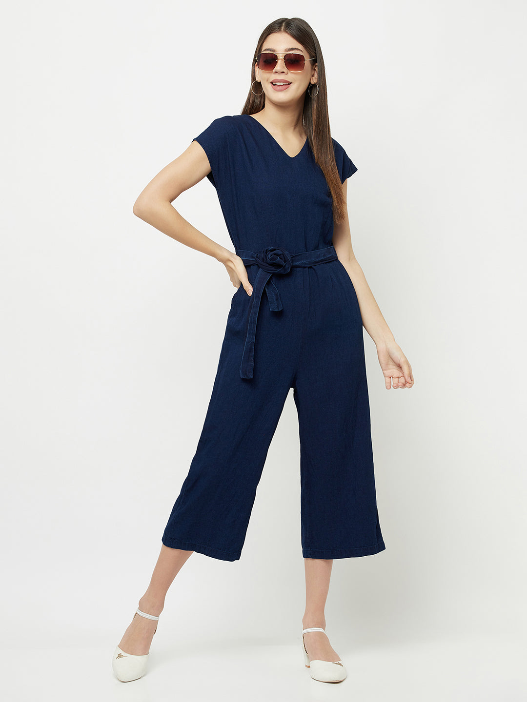 Navy Blue Denim Capri Jumpsuit - Women Jumpsuits