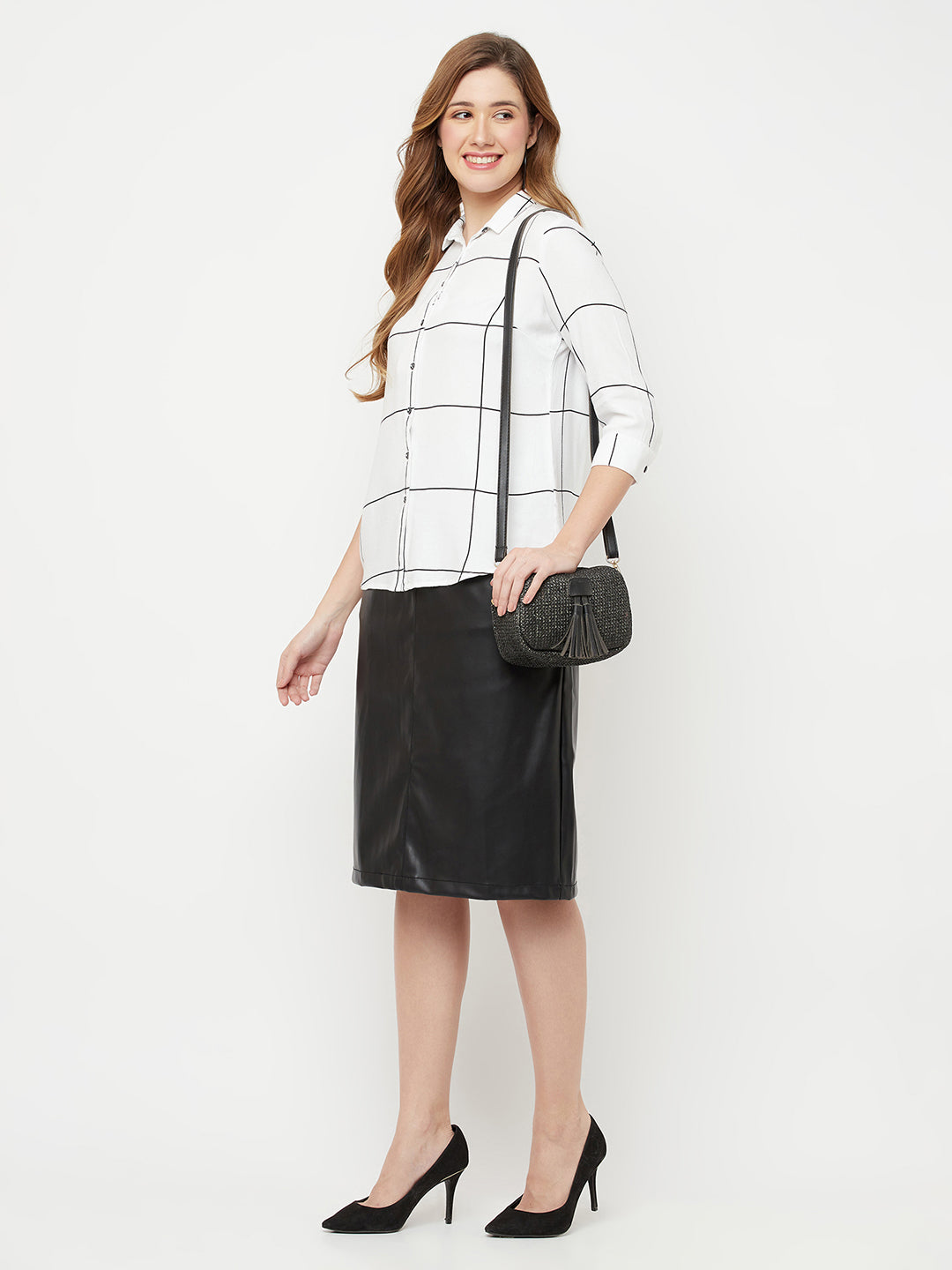 Black Midi A-Line Leather Skirt - Women Skirts