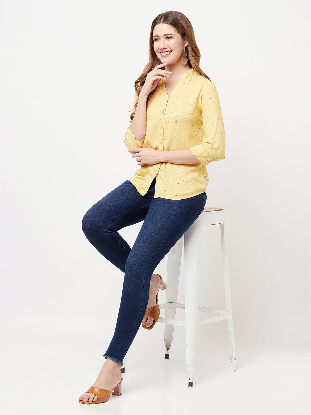 Yellow Floral Printed V-Neck Shirt - Women Shirts