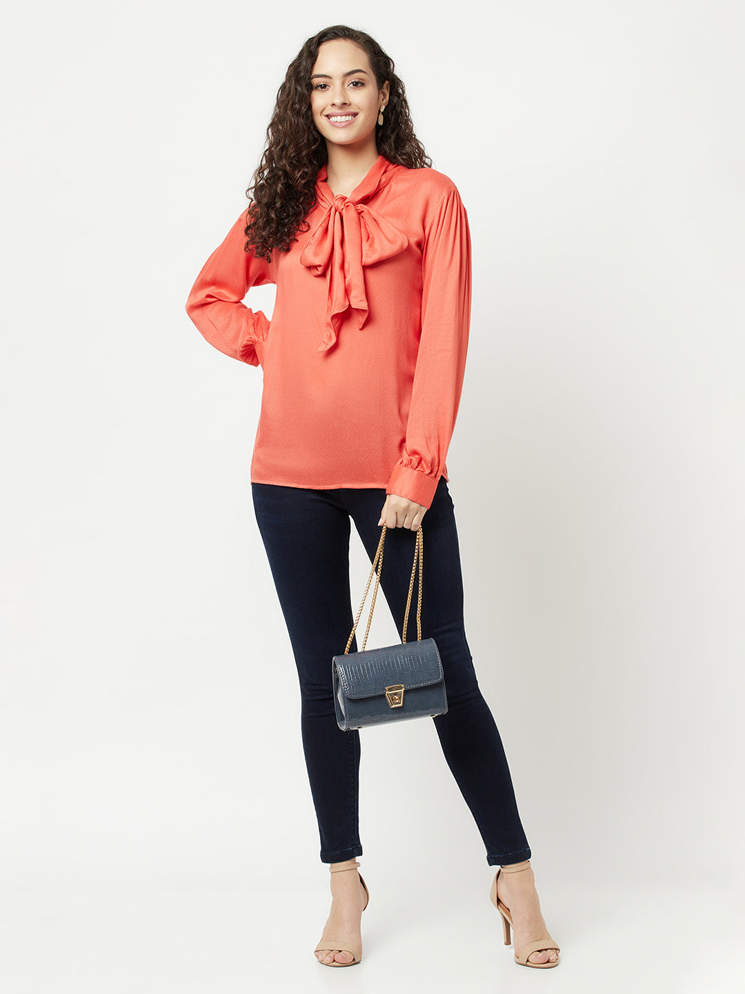 Coral Red Tie-Up Detail Top-Women Tops-Crimsoune Club