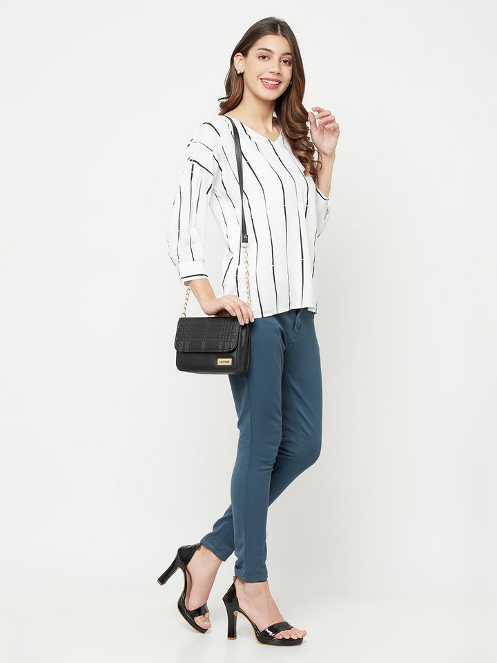 White Striped V-Neck Top - Women Tops