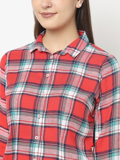 Red Check Shirt with High-Low Hemline