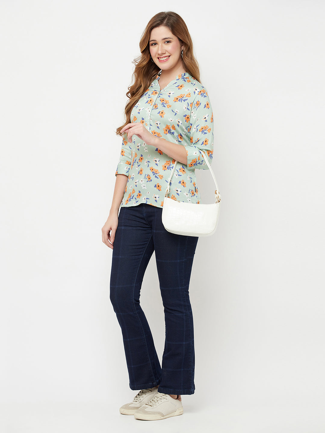 Navy Blue Checked Boot Cut Jeans - Women Jeans