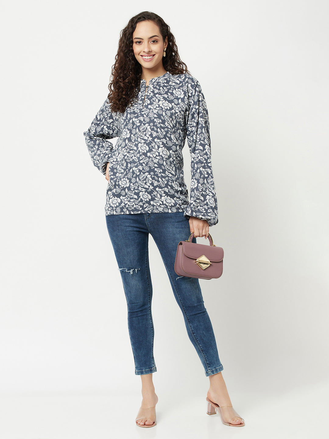 Grey Floral Printed Top-Women Tops-Crimsoune Club